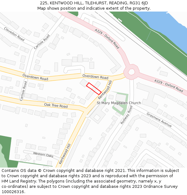 225, KENTWOOD HILL, TILEHURST, READING, RG31 6JD: Location map and indicative extent of plot