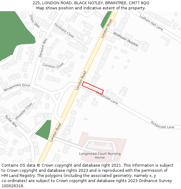 225, LONDON ROAD, BLACK NOTLEY, BRAINTREE, CM77 8QG: Location map and indicative extent of plot