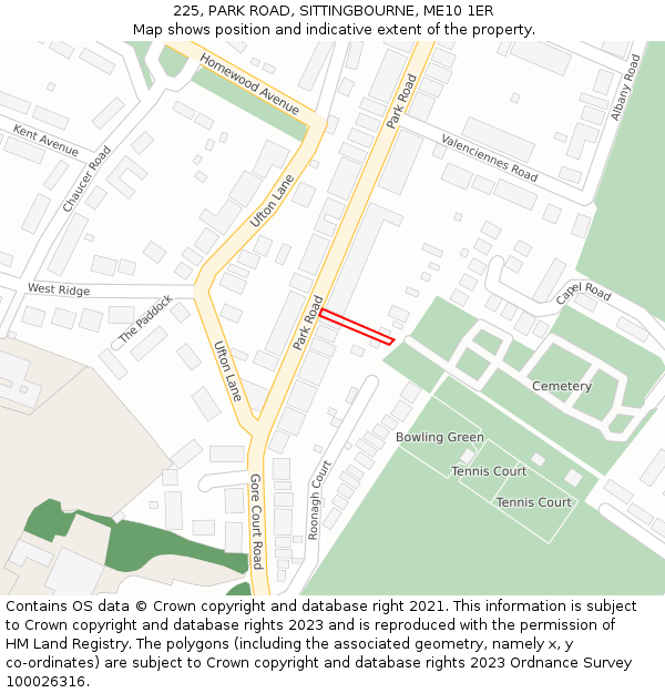 225, PARK ROAD, SITTINGBOURNE, ME10 1ER: Location map and indicative extent of plot
