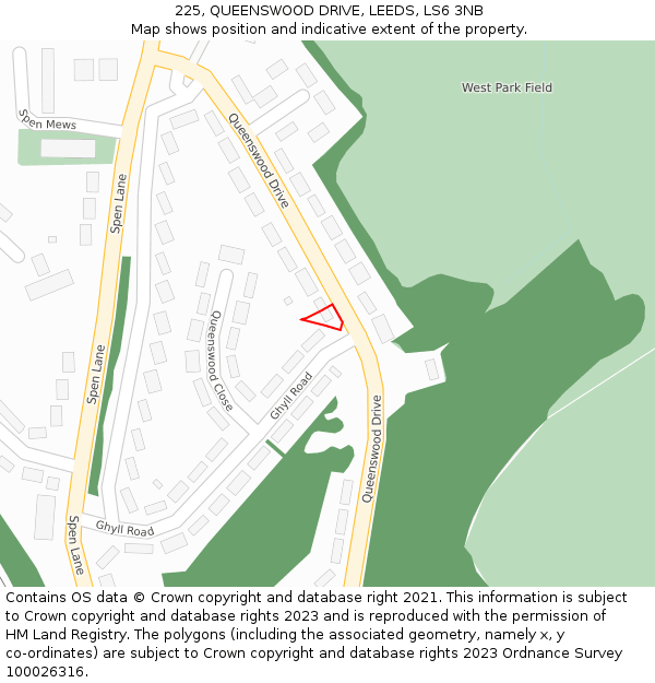225, QUEENSWOOD DRIVE, LEEDS, LS6 3NB: Location map and indicative extent of plot