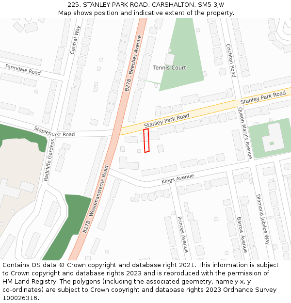 225, STANLEY PARK ROAD, CARSHALTON, SM5 3JW: Location map and indicative extent of plot