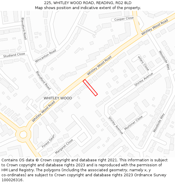 225, WHITLEY WOOD ROAD, READING, RG2 8LD: Location map and indicative extent of plot
