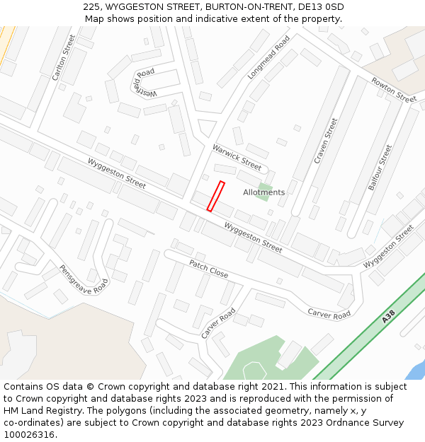 225, WYGGESTON STREET, BURTON-ON-TRENT, DE13 0SD: Location map and indicative extent of plot