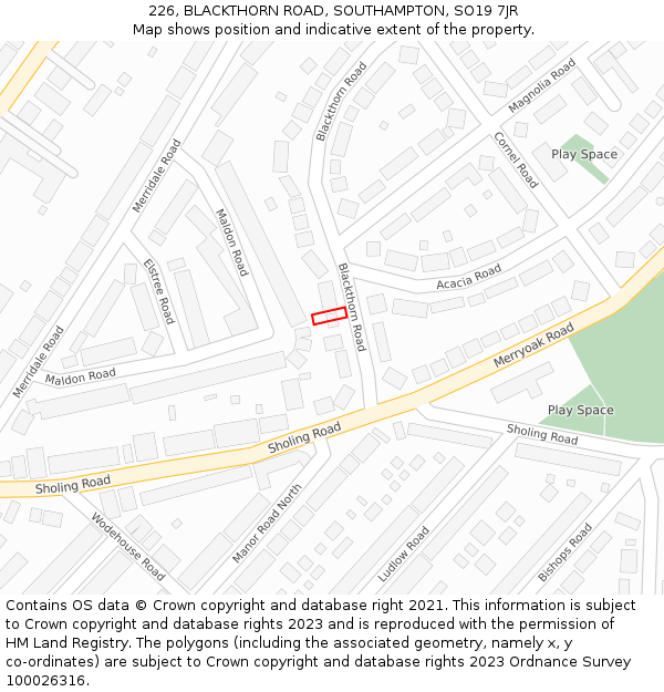 226, BLACKTHORN ROAD, SOUTHAMPTON, SO19 7JR: Location map and indicative extent of plot