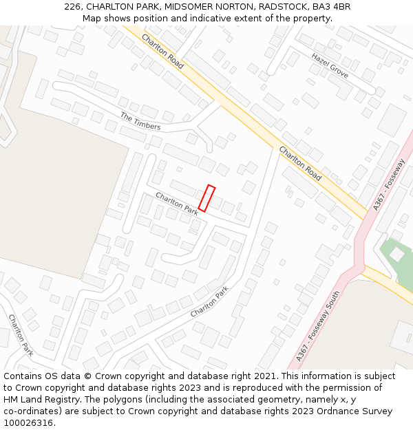 226, CHARLTON PARK, MIDSOMER NORTON, RADSTOCK, BA3 4BR: Location map and indicative extent of plot