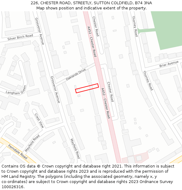 226, CHESTER ROAD, STREETLY, SUTTON COLDFIELD, B74 3NA: Location map and indicative extent of plot
