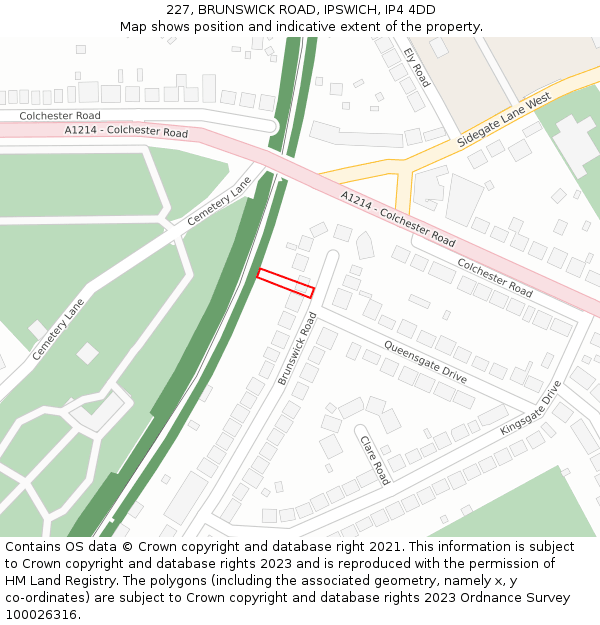 227, BRUNSWICK ROAD, IPSWICH, IP4 4DD: Location map and indicative extent of plot