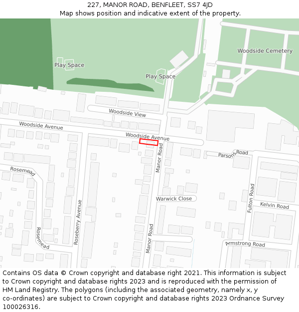 227, MANOR ROAD, BENFLEET, SS7 4JD: Location map and indicative extent of plot