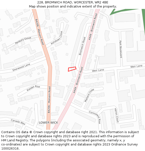 228, BROMWICH ROAD, WORCESTER, WR2 4BE: Location map and indicative extent of plot