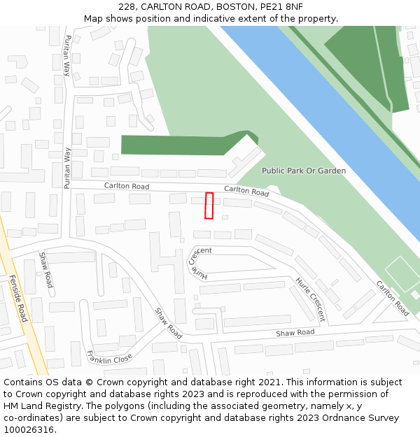 228, CARLTON ROAD, BOSTON, PE21 8NF: Location map and indicative extent of plot