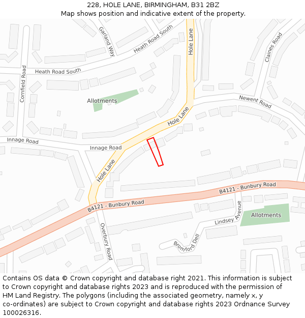 228, HOLE LANE, BIRMINGHAM, B31 2BZ: Location map and indicative extent of plot