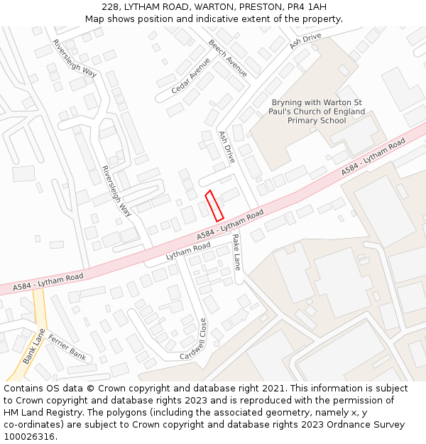 228, LYTHAM ROAD, WARTON, PRESTON, PR4 1AH: Location map and indicative extent of plot