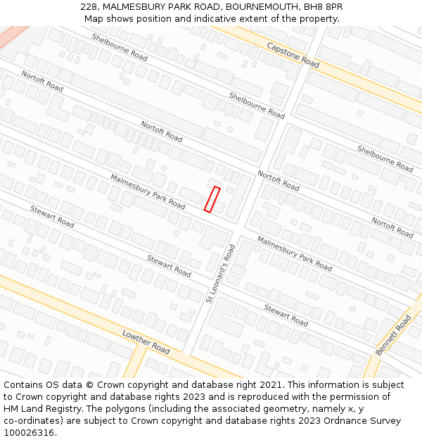 228, MALMESBURY PARK ROAD, BOURNEMOUTH, BH8 8PR: Location map and indicative extent of plot