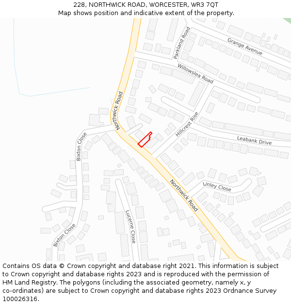 228, NORTHWICK ROAD, WORCESTER, WR3 7QT: Location map and indicative extent of plot