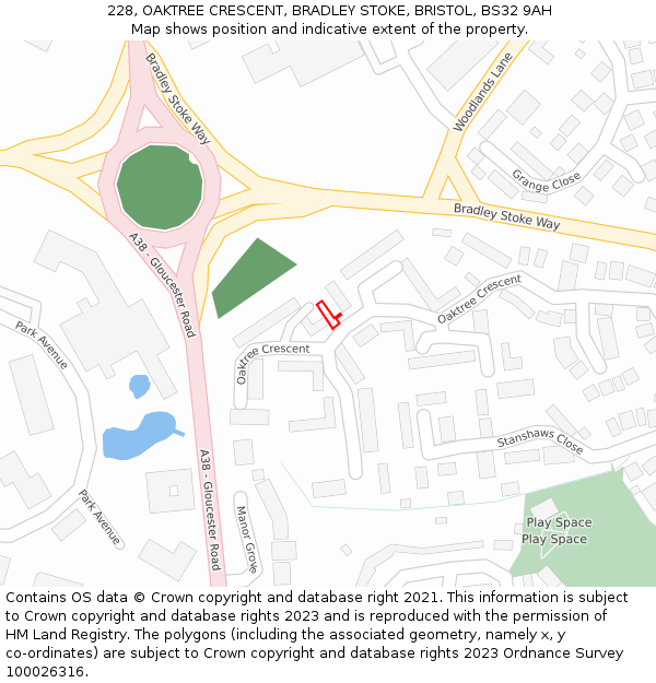 228, OAKTREE CRESCENT, BRADLEY STOKE, BRISTOL, BS32 9AH: Location map and indicative extent of plot