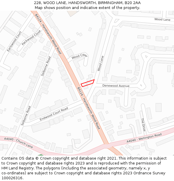 228, WOOD LANE, HANDSWORTH, BIRMINGHAM, B20 2AA: Location map and indicative extent of plot