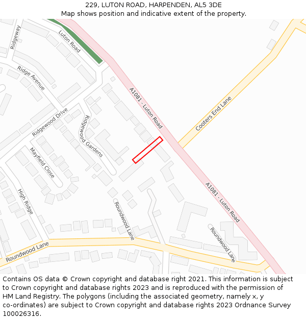 229, LUTON ROAD, HARPENDEN, AL5 3DE: Location map and indicative extent of plot