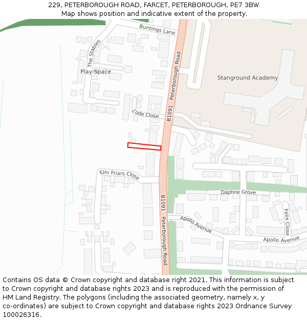 229, PETERBOROUGH ROAD, FARCET, PETERBOROUGH, PE7 3BW: Location map and indicative extent of plot