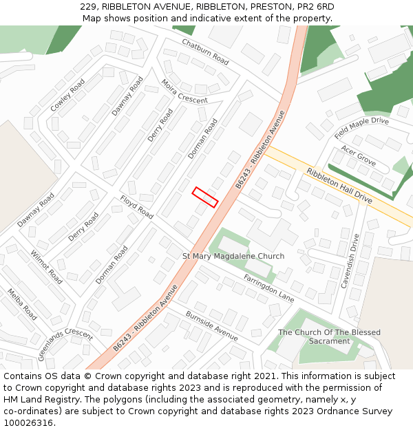 229, RIBBLETON AVENUE, RIBBLETON, PRESTON, PR2 6RD: Location map and indicative extent of plot