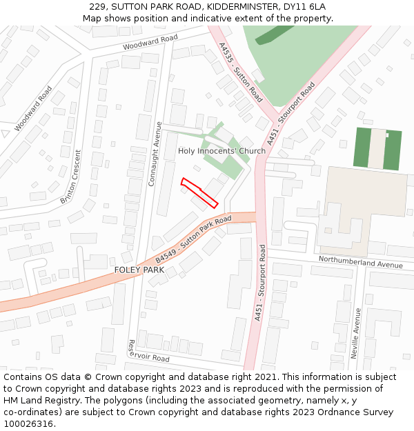 229, SUTTON PARK ROAD, KIDDERMINSTER, DY11 6LA: Location map and indicative extent of plot