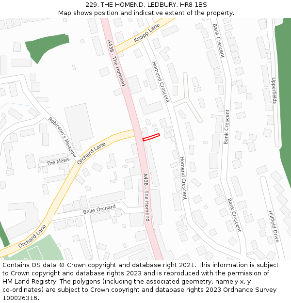 229, THE HOMEND, LEDBURY, HR8 1BS: Location map and indicative extent of plot