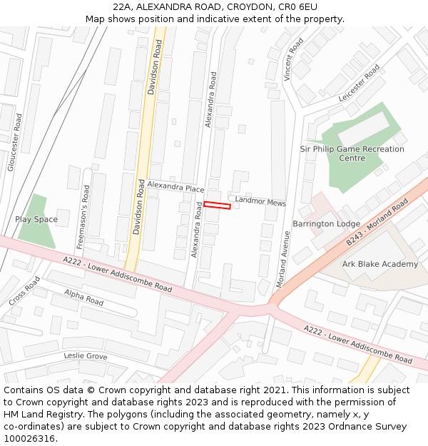 22A, ALEXANDRA ROAD, CROYDON, CR0 6EU: Location map and indicative extent of plot