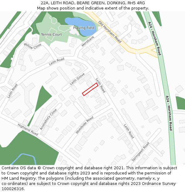 22A, LEITH ROAD, BEARE GREEN, DORKING, RH5 4RG: Location map and indicative extent of plot