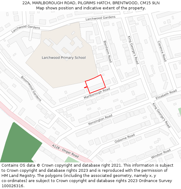 22A, MARLBOROUGH ROAD, PILGRIMS HATCH, BRENTWOOD, CM15 9LN: Location map and indicative extent of plot