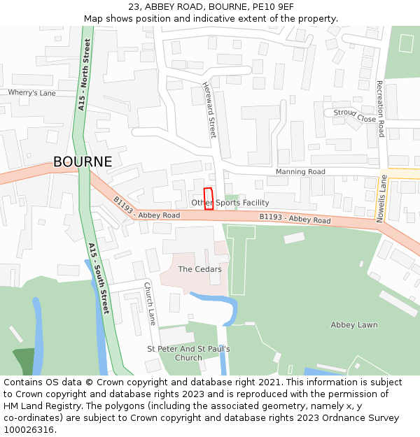 23, ABBEY ROAD, BOURNE, PE10 9EF: Location map and indicative extent of plot