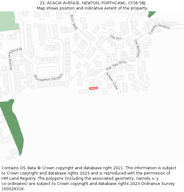 23, ACACIA AVENUE, NEWTON, PORTHCAWL, CF36 5BJ: Location map and indicative extent of plot