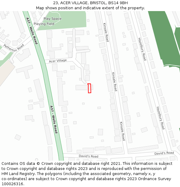 23, ACER VILLAGE, BRISTOL, BS14 9BH: Location map and indicative extent of plot