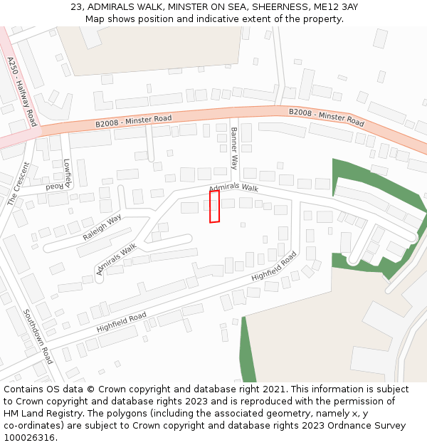 23, ADMIRALS WALK, MINSTER ON SEA, SHEERNESS, ME12 3AY: Location map and indicative extent of plot