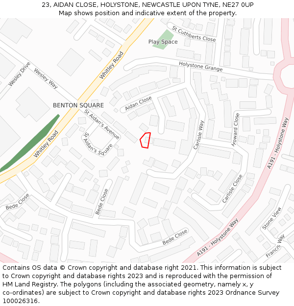 23, AIDAN CLOSE, HOLYSTONE, NEWCASTLE UPON TYNE, NE27 0UP: Location map and indicative extent of plot