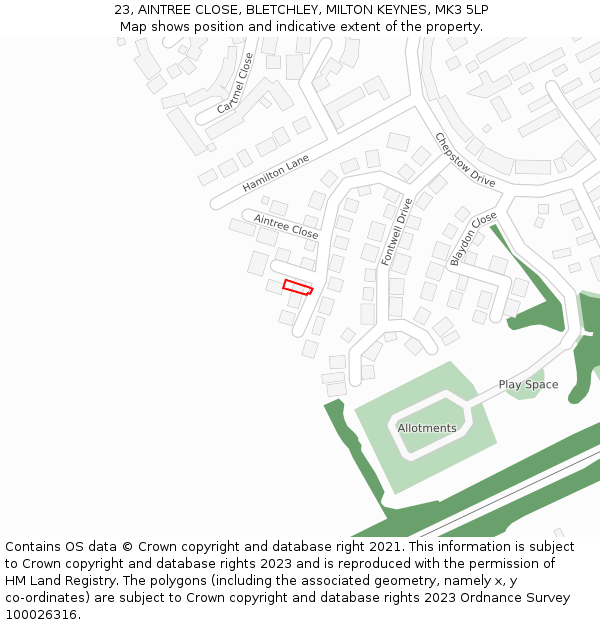 23, AINTREE CLOSE, BLETCHLEY, MILTON KEYNES, MK3 5LP: Location map and indicative extent of plot