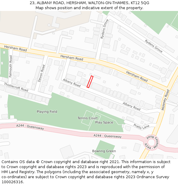 23, ALBANY ROAD, HERSHAM, WALTON-ON-THAMES, KT12 5QG: Location map and indicative extent of plot