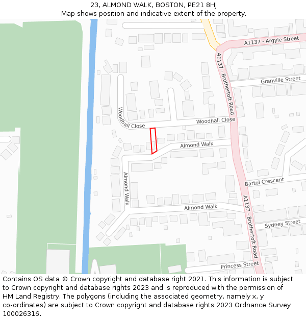 23, ALMOND WALK, BOSTON, PE21 8HJ: Location map and indicative extent of plot