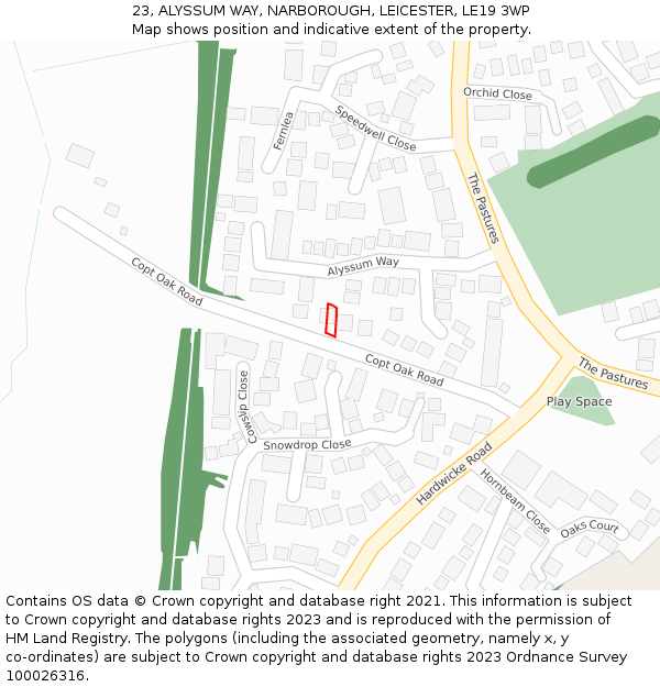 23, ALYSSUM WAY, NARBOROUGH, LEICESTER, LE19 3WP: Location map and indicative extent of plot