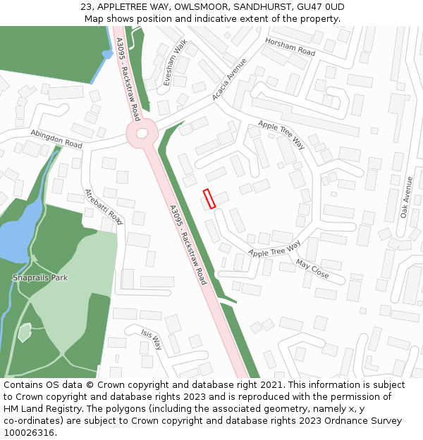 23, APPLETREE WAY, OWLSMOOR, SANDHURST, GU47 0UD: Location map and indicative extent of plot