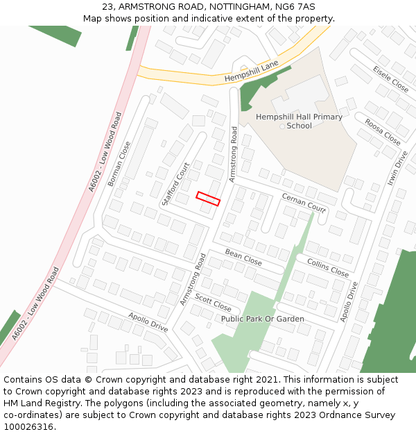 23, ARMSTRONG ROAD, NOTTINGHAM, NG6 7AS: Location map and indicative extent of plot