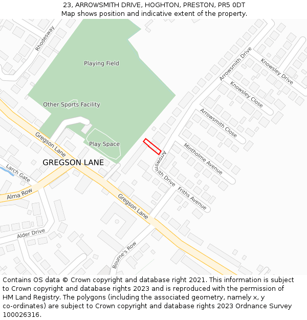 23, ARROWSMITH DRIVE, HOGHTON, PRESTON, PR5 0DT: Location map and indicative extent of plot