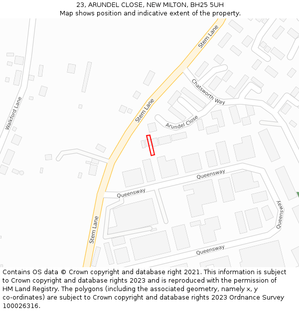 23, ARUNDEL CLOSE, NEW MILTON, BH25 5UH: Location map and indicative extent of plot