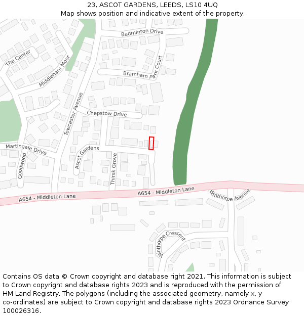 23, ASCOT GARDENS, LEEDS, LS10 4UQ: Location map and indicative extent of plot