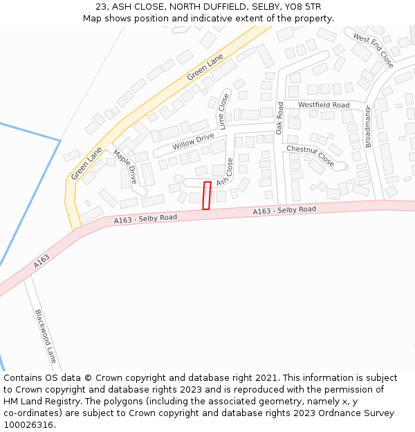 23, ASH CLOSE, NORTH DUFFIELD, SELBY, YO8 5TR: Location map and indicative extent of plot