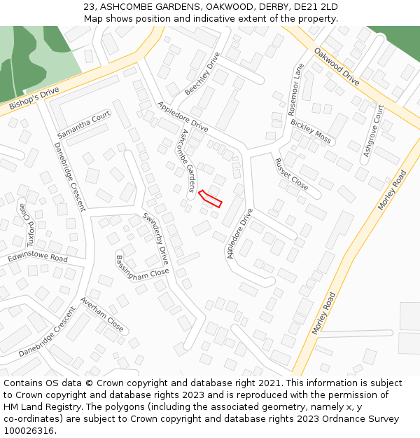 23, ASHCOMBE GARDENS, OAKWOOD, DERBY, DE21 2LD: Location map and indicative extent of plot