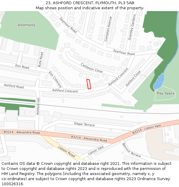 23, ASHFORD CRESCENT, PLYMOUTH, PL3 5AB: Location map and indicative extent of plot