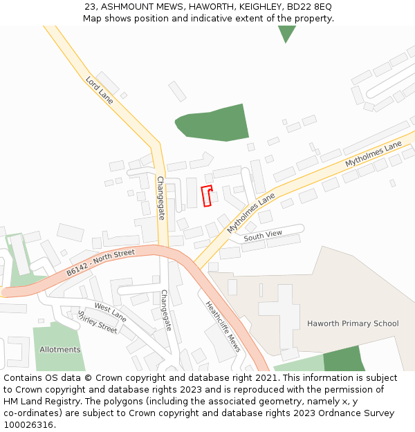 23, ASHMOUNT MEWS, HAWORTH, KEIGHLEY, BD22 8EQ: Location map and indicative extent of plot