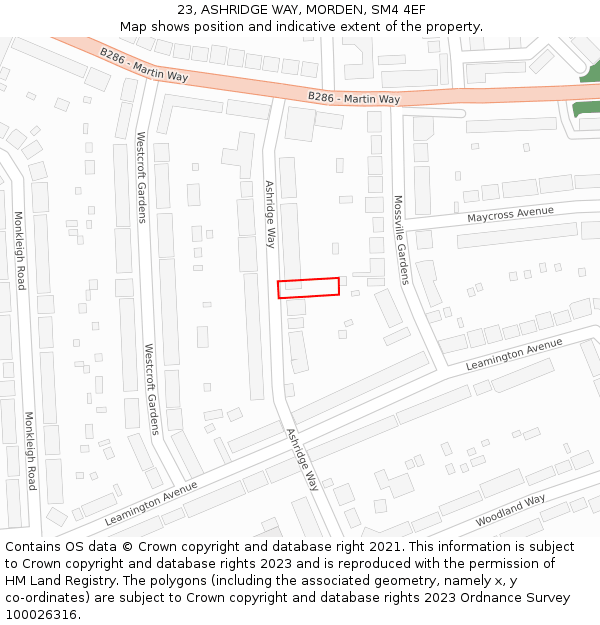 23, ASHRIDGE WAY, MORDEN, SM4 4EF: Location map and indicative extent of plot