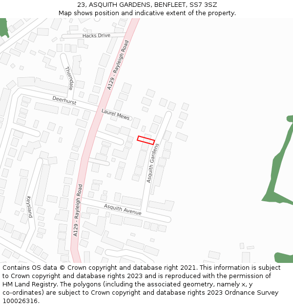 23, ASQUITH GARDENS, BENFLEET, SS7 3SZ: Location map and indicative extent of plot
