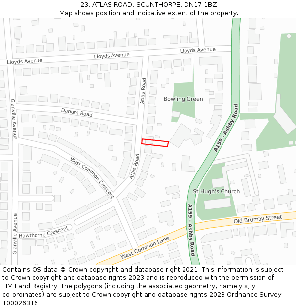 23, ATLAS ROAD, SCUNTHORPE, DN17 1BZ: Location map and indicative extent of plot