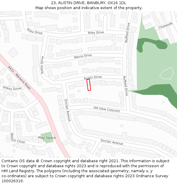 23, AUSTIN DRIVE, BANBURY, OX16 1DL: Location map and indicative extent of plot